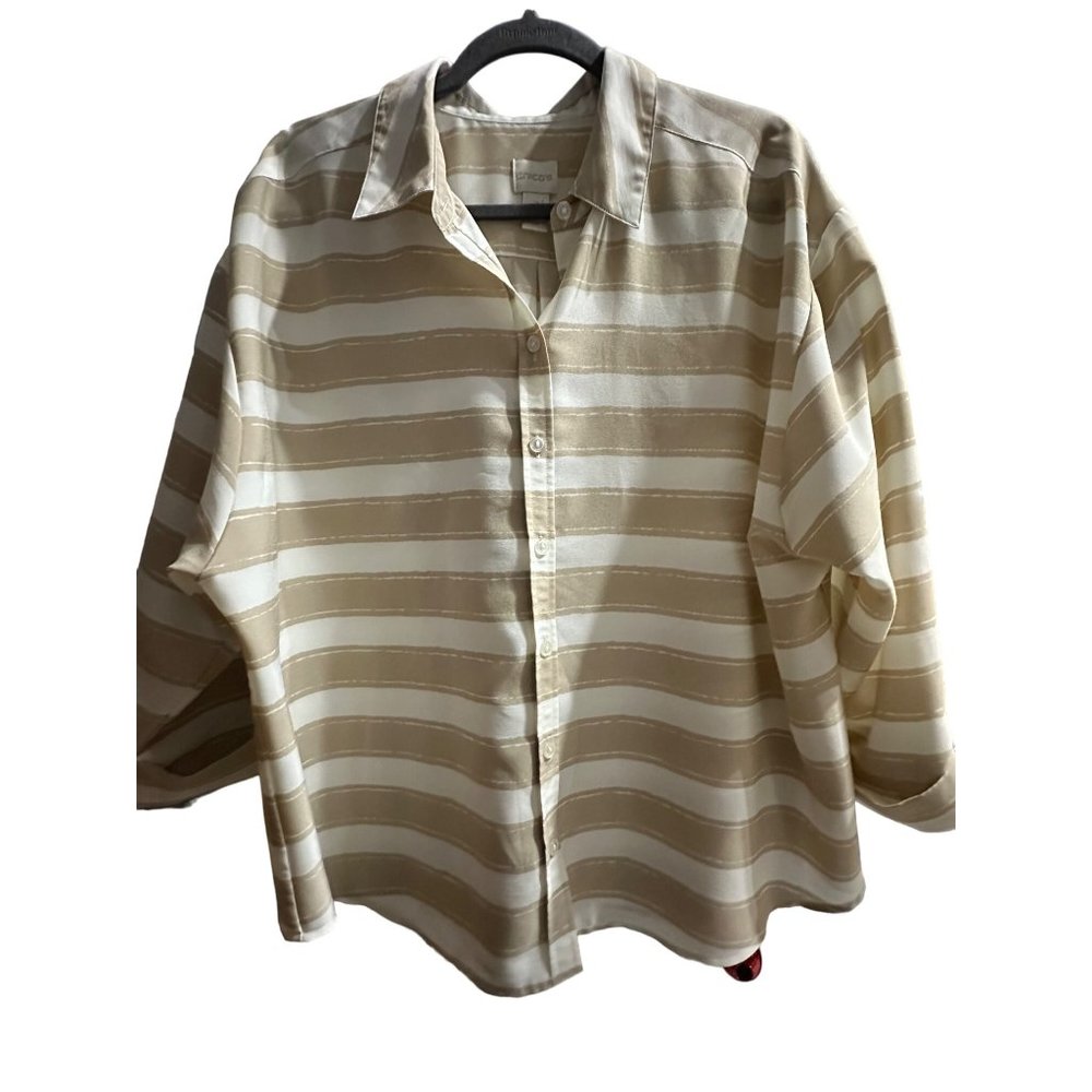 Chico’s size 3(XL/16) tan stripe cuffed 3/4 sleeve button front top